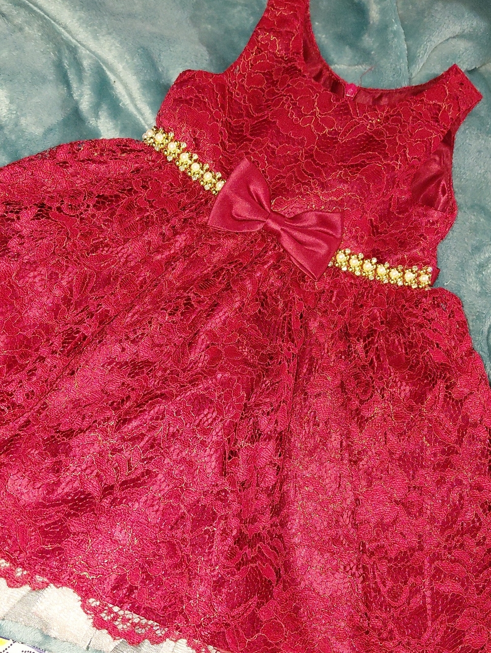 American Princess Red Lace Party Dress with Gold Bead Waistband and Bow